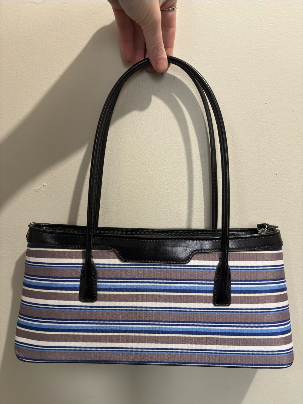 Vintage Striped Blue and Grey Shoulder Purse Black Trim Structured Preppy